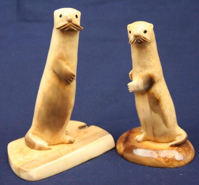 TWO ALASKAN WALRUS TUSK IVORY CARVED OTTERS