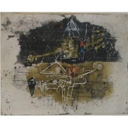 Johnny Friedlaender Abstract Color Etching with Bird