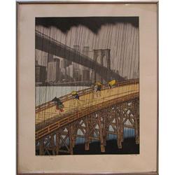 Michael Knigen orig lith after Hiroshige with World Trade Towers