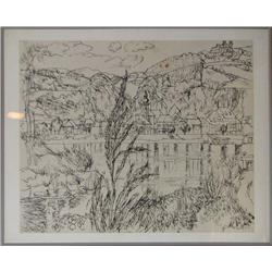Henry Koerner Ink Drawing Lake Scene, Austria