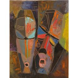 L. Koyongonda Two Masks oil on canvas over board