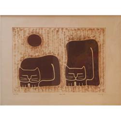 2 etchings- Nong of two cats with another surrealist print