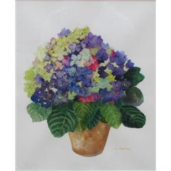 pair of Cathy Weisz watercolors, Hollyhocks and Hydrangeas
