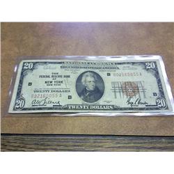 1929 US $20 NATIONAL CURRENCY (NY) BROWN SEAL