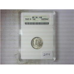 1945-D MERCURY DIME ANACS MS64 FSB