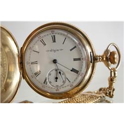 Elgin men's 14kt gold pocket watch - Kehoe estate with gold fob, movement case & dial.