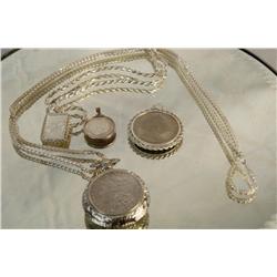 4 silver coin pendants 2 with.925 silver chains 1. 1900 Silver dollar watch w/ .925 chain 'American 