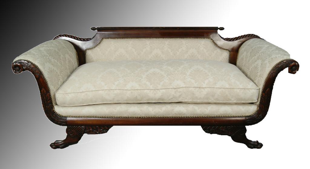 19th C. Carved Duncan Phyfe Sofa Creme w Taupe Tapestry