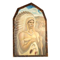 Sitting Bull Wild West Show painting 48"x32" o/c in rustic frame (before posters)