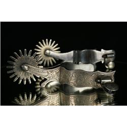 Pair of German Silver 800 overlaid Crockett Spurs Silver on stainless, hand engraved, very good to n