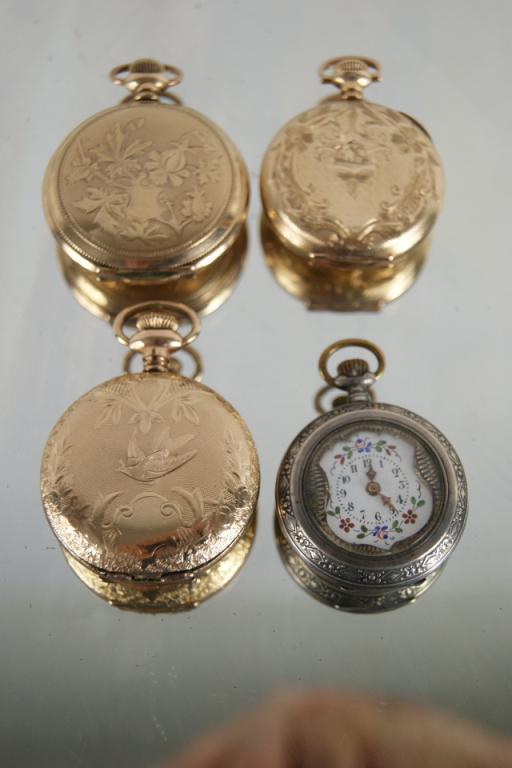 4 Antique Ladies Pocket Watches Hapden Molly Stark Waltham Elgin And Porcelain Face