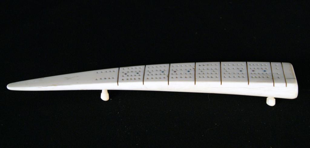 Antique ivory walrus tusk cribbage board 13"