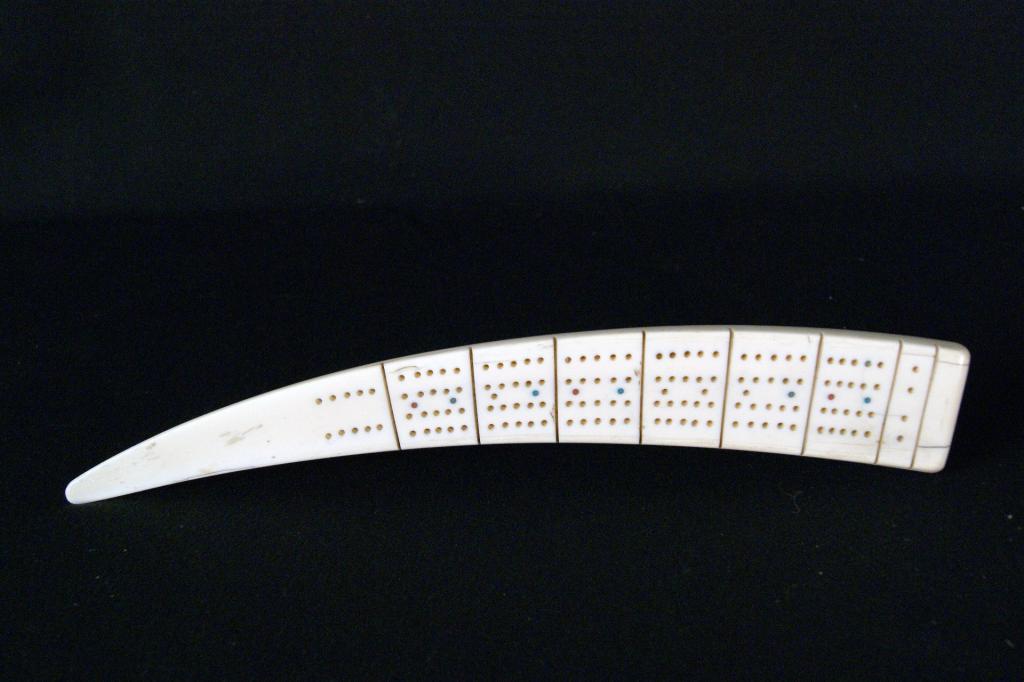 Antique ivory walrus tusk cribbage board 13"