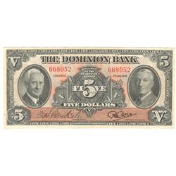 1938  Five Dollars The Dominion Bank, EF/AU, 220-28-02