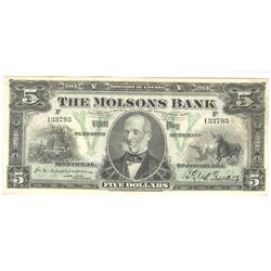 1912  Five Dollars  The Molsons Bank, VF/EF, CH # 490-32-02