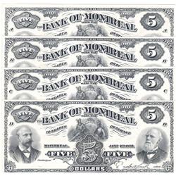 1895  Five Dollars Bank of Montreal, AU, B&W Face Proof Set of 4 Letter A, B, C & D
