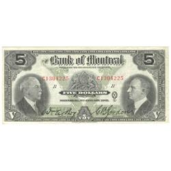 1931  Five Dollars The Bank of Montreal, Fine+ with pin hole, 505-58-02