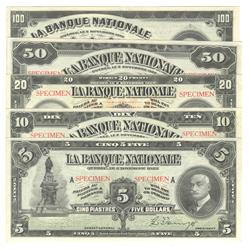 1922  Five, Ten, Twenty, Fifty & One Hundred Dollars Banque Nationale Specimen