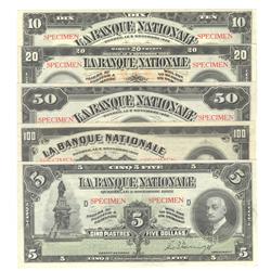 1922  Five, Ten, Twenty, Fifty & One Hundred Dollars Banque Nationale Specimen