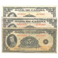 1935  Five Dollars English, BC-5, VG, F & F,serial A1170192, A1402455, A176282.