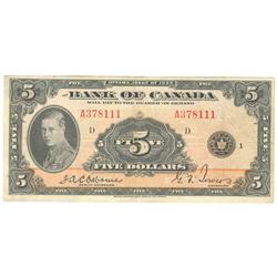 1935  Five Dollars English, BC-5, VF, Osborne Towers, Letter D, serial A378111.