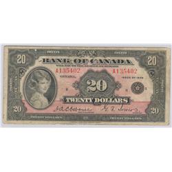 1935  Twenty Dollars English, BC-9a, BCS VG-10; Tear, Missing Corner, Small Seal, serial A135402.