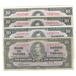 1937  Ten Dollars, BC-24b, Fine T/D, VF+ U/D, VF+ K/D, BC-24C, VF+ M/T. Lot of 4 notes.