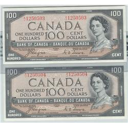 1954  One Hundred Dollars Devil's Face, BC-35a, 2 Consecutive PMG UNC-65 EPQ,  A/J1250503-04.
