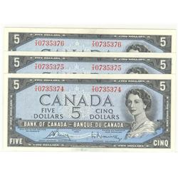 1954  Five Dollars Modified, BC-39c, 3 Consecutive Original UNC,T/X0735374-75-76.