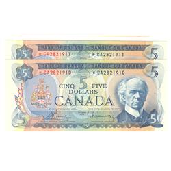 1972  Five Dollars  Pair of consecutive Replacement, BC-48aA, Choice UNC, *CA2821910-11.