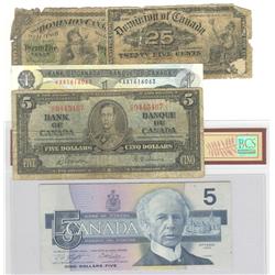 1870 $0.25 Plain, DC-1a, 1900, DC-15b, 1937  $5, BC-23b, VG, 1973$1 Repl, BC-46aA, EF, & 1986 $5, BC