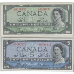 1954  One & Five Dollars Low Serial  Devil's Face