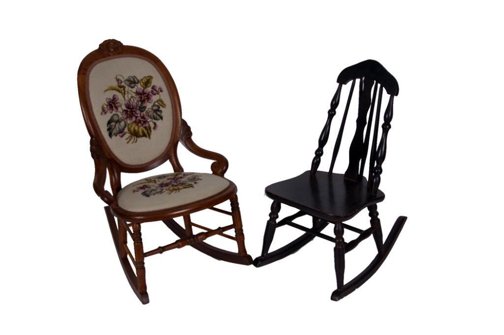 Victorian Ladies Sewing Rocker with Needlepoint and a youth rocker.and ...