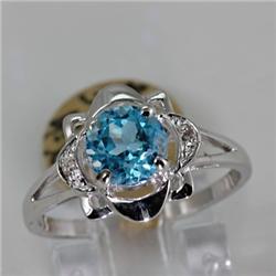 Genuine 1.63 ctw Blue Topaz  & Diamond Ring 14KT White Gold 