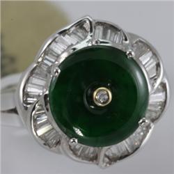 Genuine 11MM Imperial Jade & 0.46 Tapered Diamond Ring 14KT Gold-White 