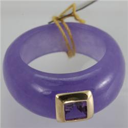 Genuine Light Purple Jade & 5x5mm Purple Sapphire Band 14KT Gold-Yellow 