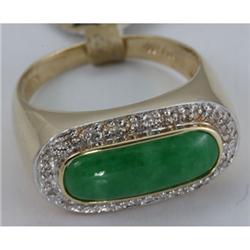 Genuine 17X6MM Green Jade & 0.10 ctw Diamond Ring 14KT Gold-Yellow 