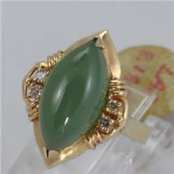 Genuine 16X8MM Green Jade Ring 14KT Gold-Yellow 