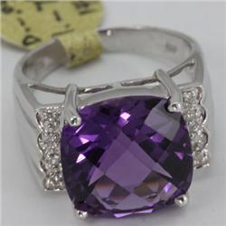 Genuine 7.99 ctw Amethyst & Diamond Ring 14KT Gold-White 