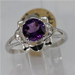 Genuine 1.20 ctw  Amethyst & Diamond Ring 14KT White Gold 