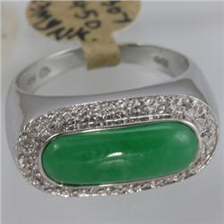 Genuine 17X6MM Green Jade & 0.10 ctw Diamond Ring 14KT Gold-White 