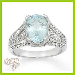 Genuine 3.99 ctw Aquamarine & Diamond Ring 14K Gold