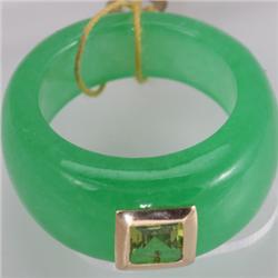 Genuine Green Jade & 5x5mm Green  Sapphire Band 14KT Gold-Yellow 