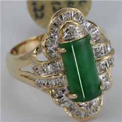 Genuine 12X7MM Green Jade & 0.22 ctw Diamond Ring 14KT Gold-Yellow 