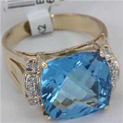 Genuine 10.87 ctw Blue Topaz & Diamond Ring 14KT Gold-Yellow 