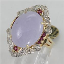 Genuine 0.81 ctw Ruby & Diamond of Large Lavender Jade Ring  15X12MM 14KT Yellow Gold 
