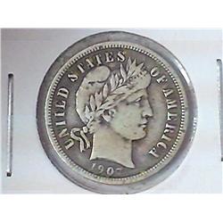 1907 BARBER DIME (VF+)