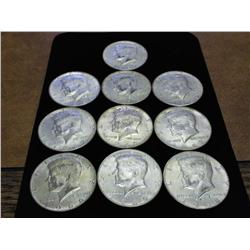 10 ASSORTED 40% SILVER KENNEDY HALF DOLLARS