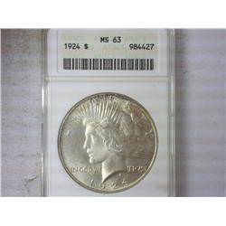 1924 PEACE SILVER DOLLAR ANACS MS63