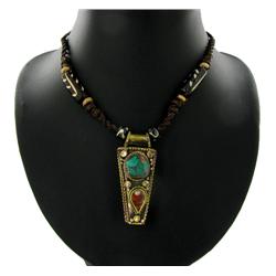 Tibet Coral Turquoise Brass Pendant Necklace (ANT-1093)